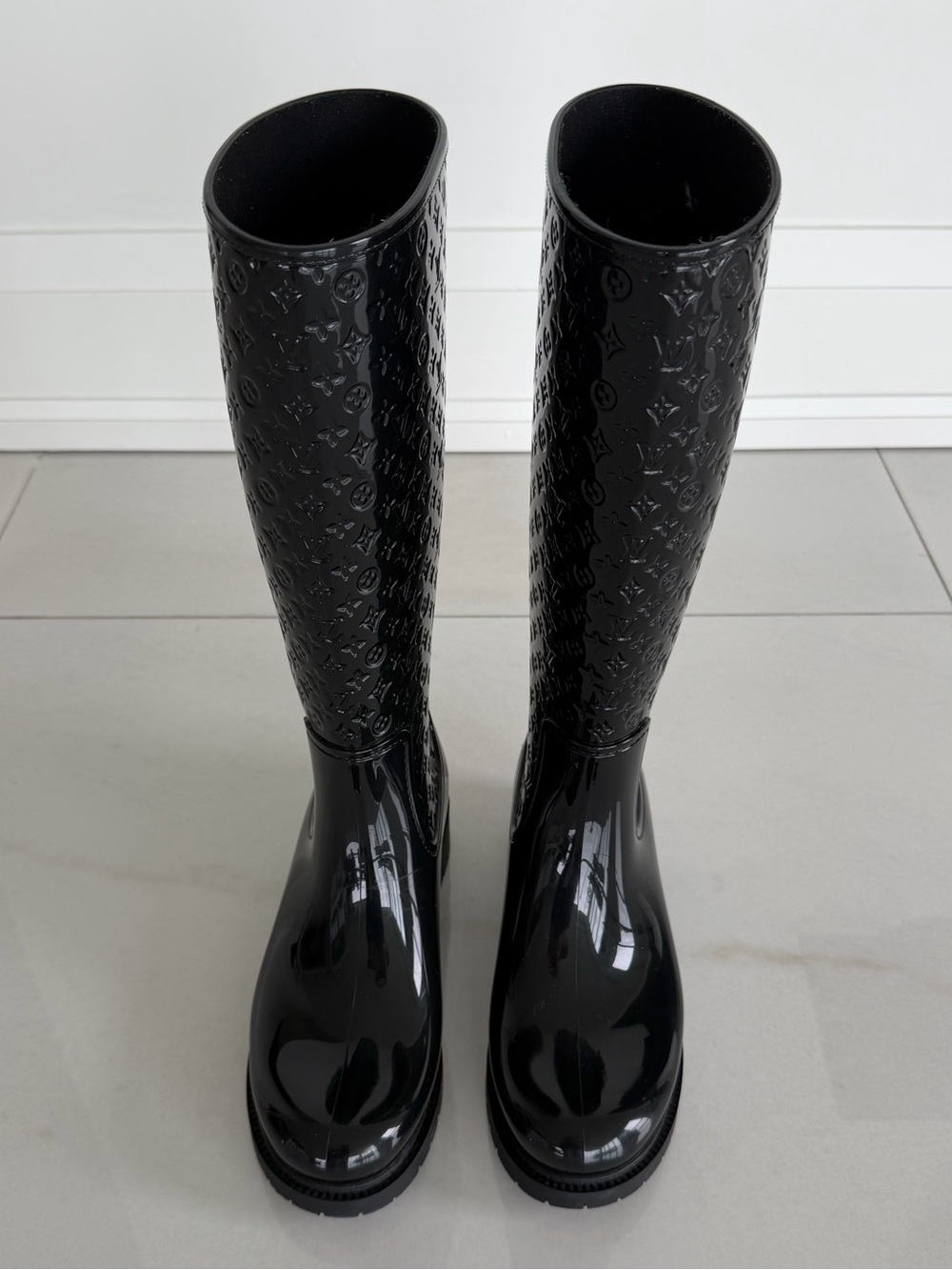 Louis Vuitton Luxury Embossed Knee-High Rain Boots - Black